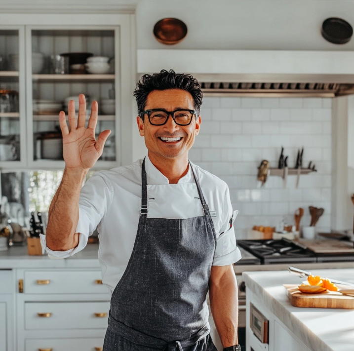 A friendly photo of Thomas Kenji in his kitchen waving hello